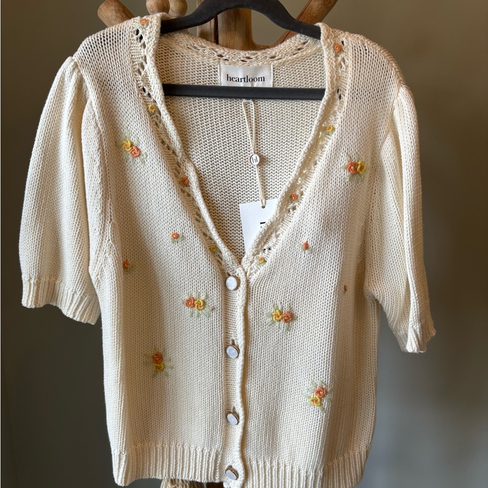 Heartloom Cream Short-Sleeve Button Cardigan with Pastel Floral Embroidery
